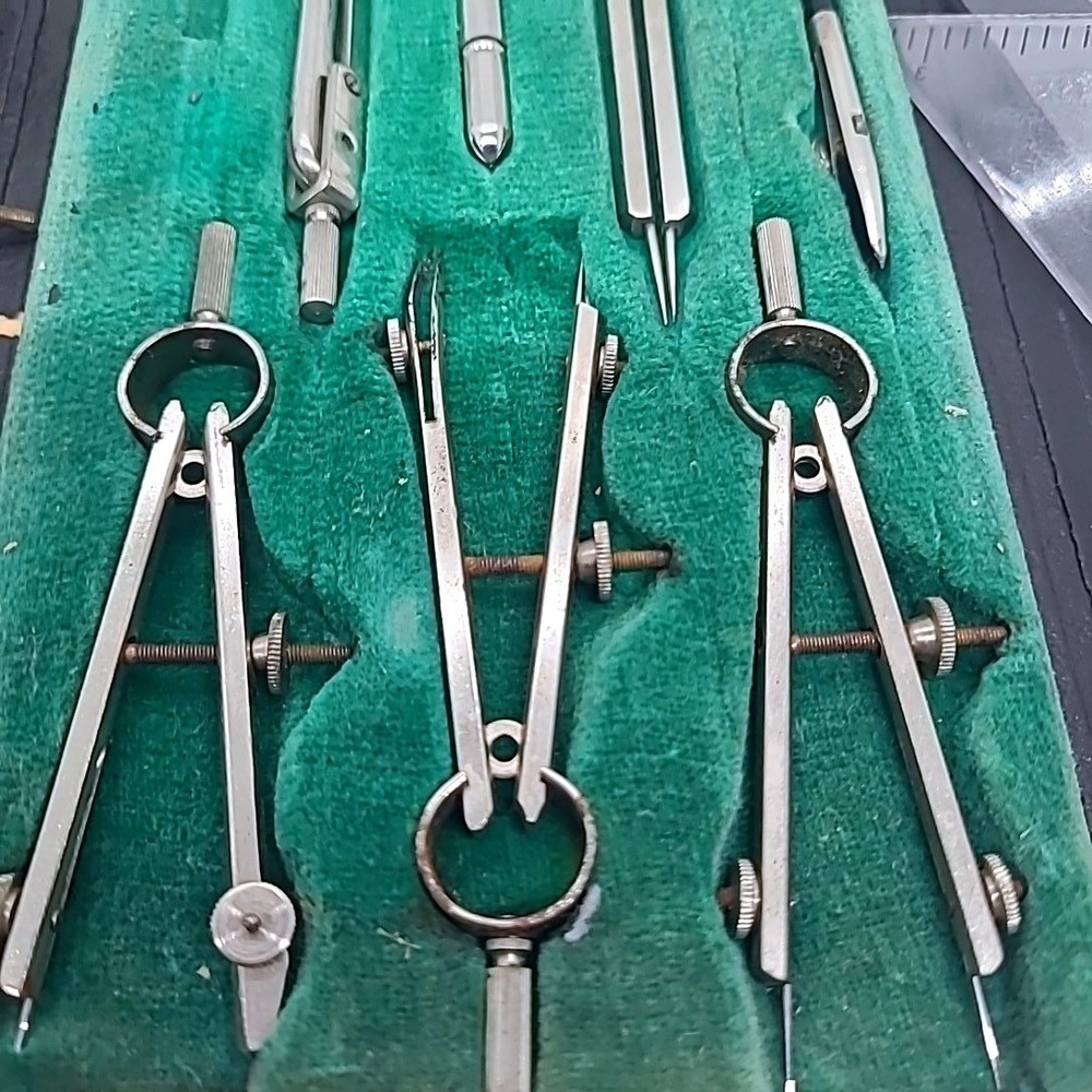 Vintage‎ Inspira Drafting Tool Set Professional Geometry Kit Silver Fair Rust